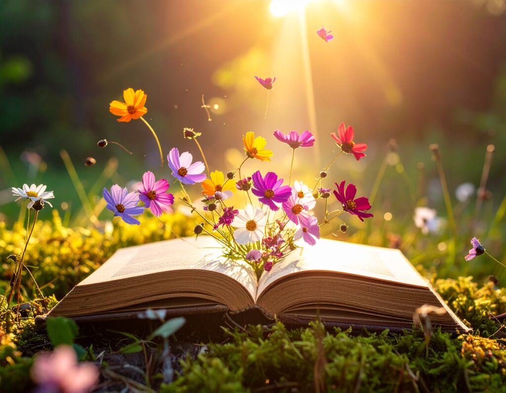 Livre ouvert dans la lumière symbolisant la libération des mémoires akashiques et l'histoire personnelle par des fleurs qui sortent du livre