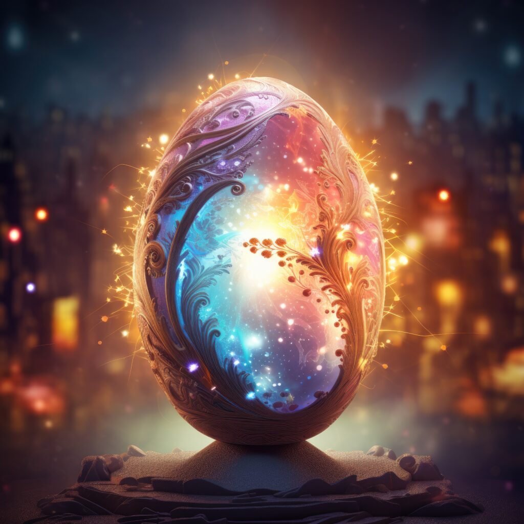 Oeuf lumineux mystique représentant deux énergies complémentaires symbolisant le lien et le chemin de transformation des flammes jumelles