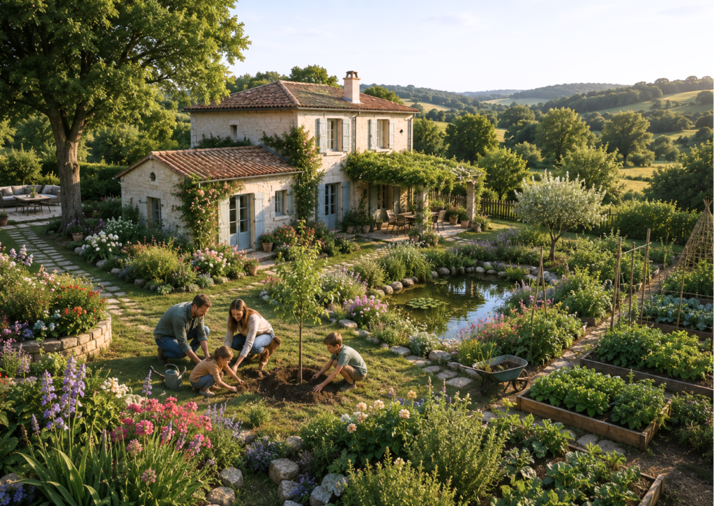 Maison de campagne entourée d'un jardin et d'un potager familial