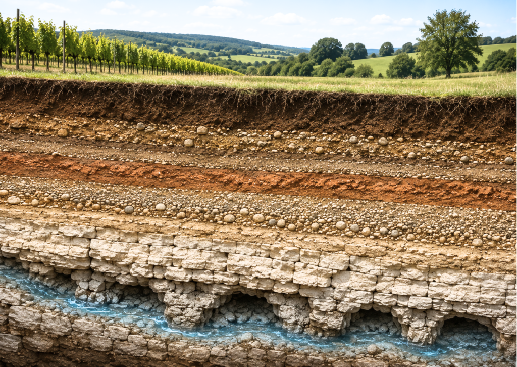 Coupe géologique d'un terrain montrant les différentes couches et veines d'eau. Géobiologie et sourcier en Charente et département voisins