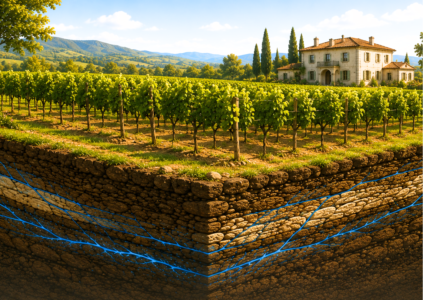 Domaine viticole avec veines d'eau souterraines