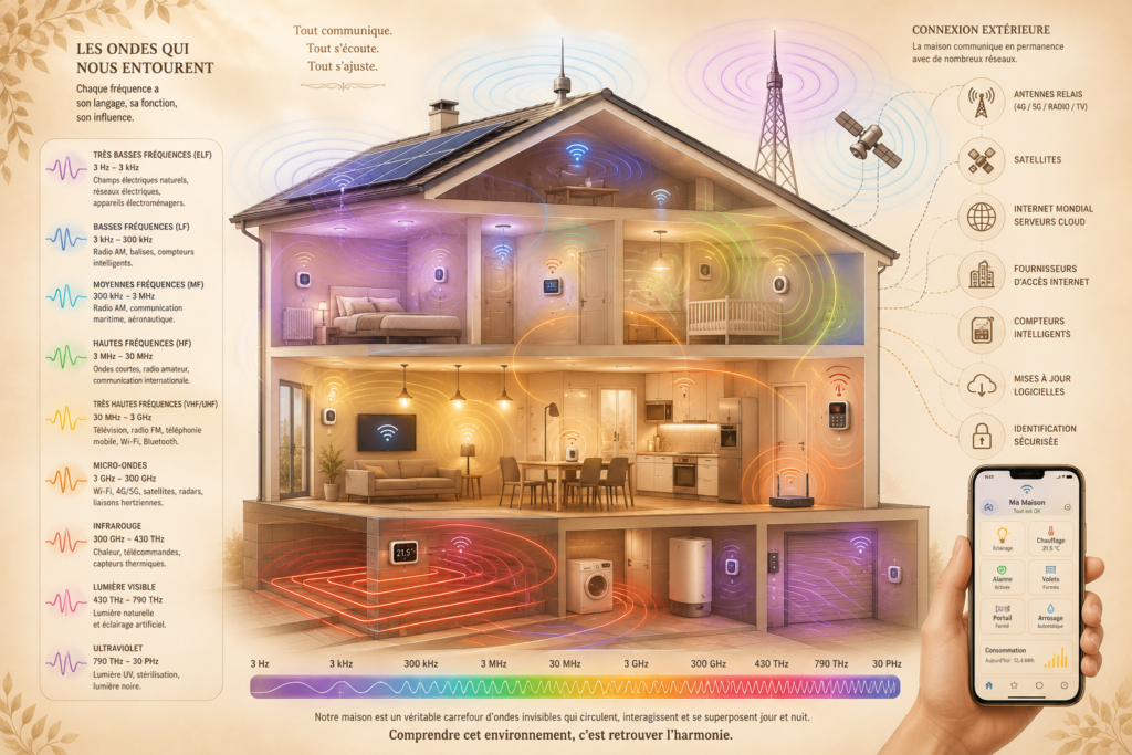 Illustration d'une maison connectée en coupe sur fond beige clair, montrant les équipements domotiques (éclairage, chauffage, volets, portails, alarme, électroménager) communiquant en permanence avec le Wi-Fi, internet, les satellites et les réseaux mobiles grâce à des ondes de différentes fréquences représentées par des couleurs