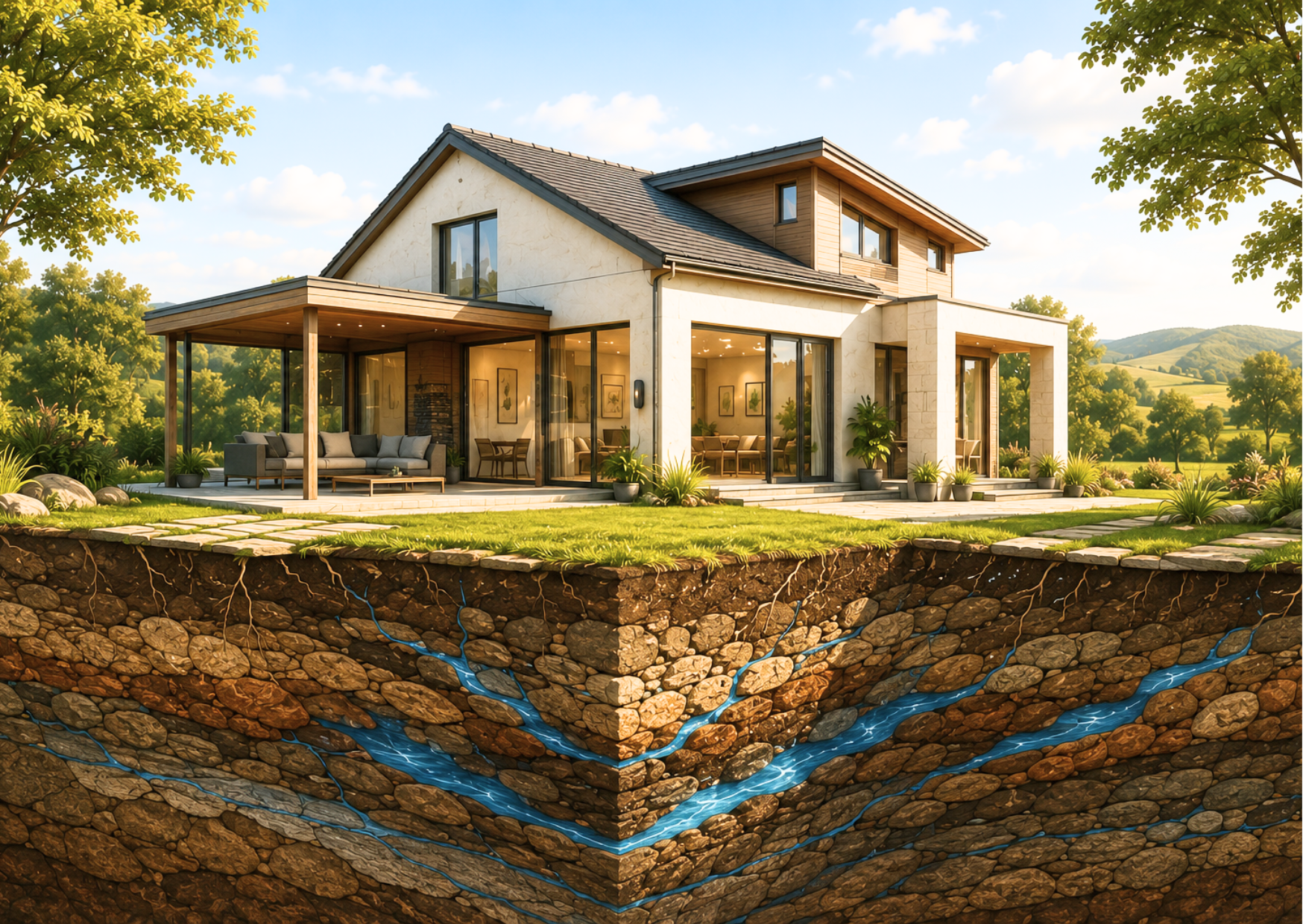 Terrain avec maison et circulation d'eau souterraine