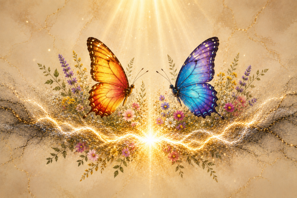 Deux papillons symbolisant les flammes jumelles, transformant un lien sombre en lumière et retrouvant leur liberté d'être