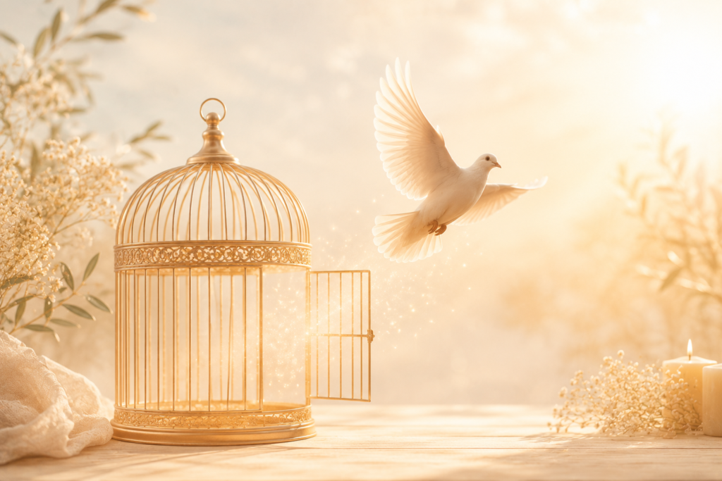 Colombe s'échappant d'une cage dorée illustrant la liberté