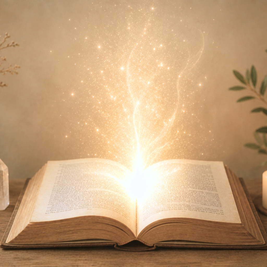Livre ouvert baigné de lumière symbolisant la lecture des mémoires akashiques
