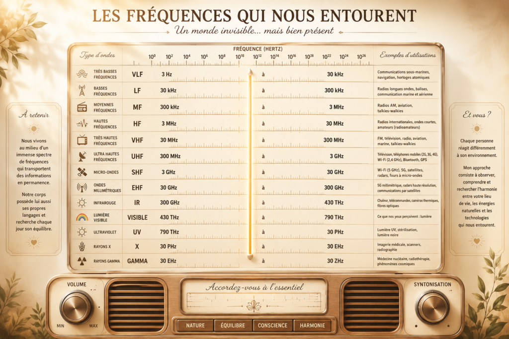 Radio vintage représentant un spectre des fréquences électromagnétiques et exemples d'ondes qui nous entourent
