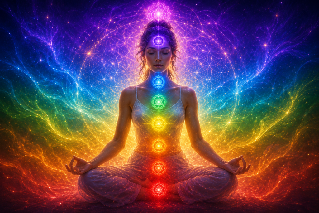 Femme en méditation avec les sept chakras, représentant les soins énergétiques et le rééquilibrage énergétique