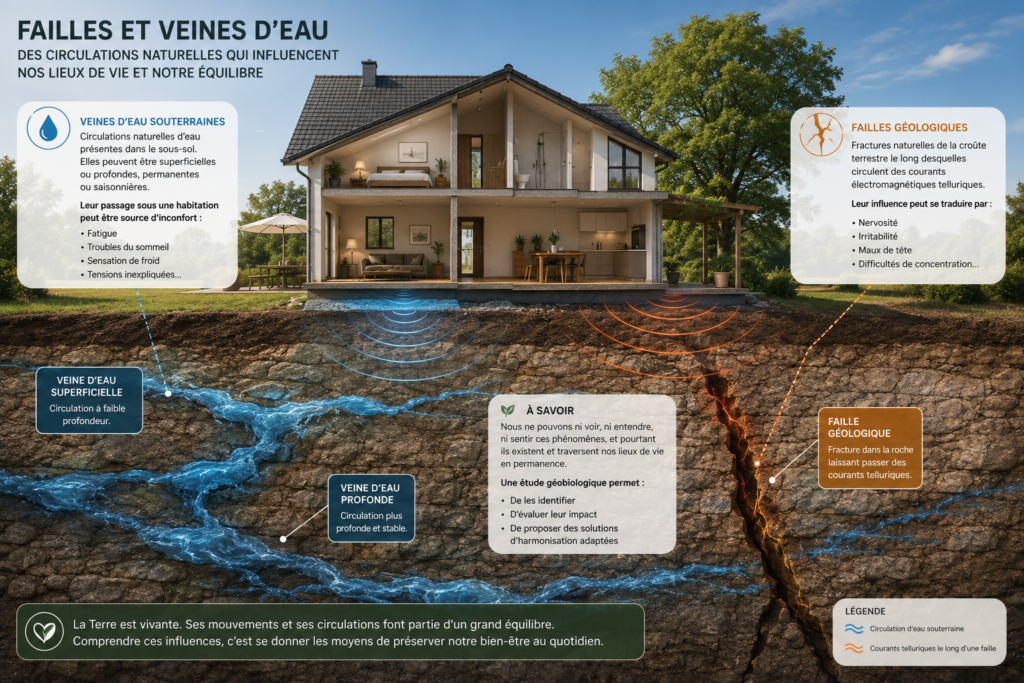 Failles géologiques et veines d'eau souterraines sous un habitat en géobiologie