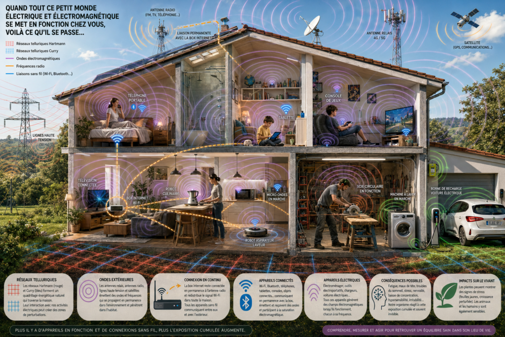 Ondes électromagnétiques et électriques de l'habitat : Wi-Fi, appareils électriques, antennes, ligne haute tension et réseaux telluriques