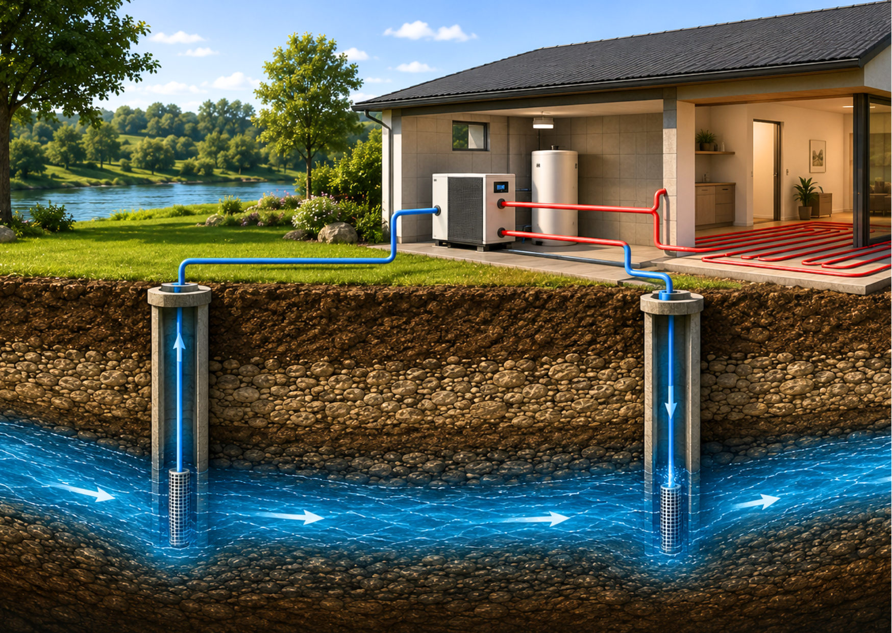 Pompe à chaleur eau-eau utilisant l'eau souterraine de la nappe phréatique