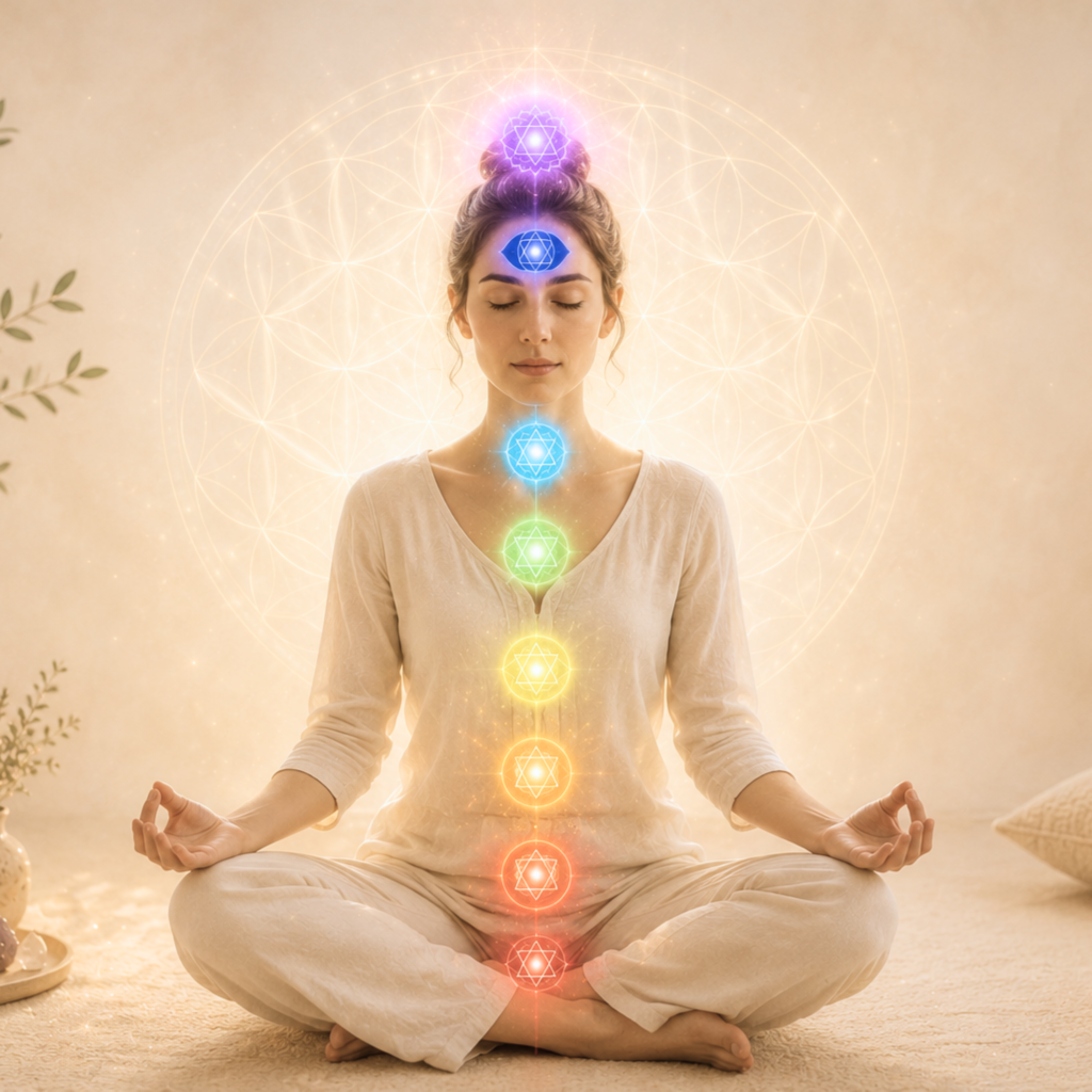 Femme en méditation avec représentation des sept chakras pour un bilan et rééquilibrage énergétique