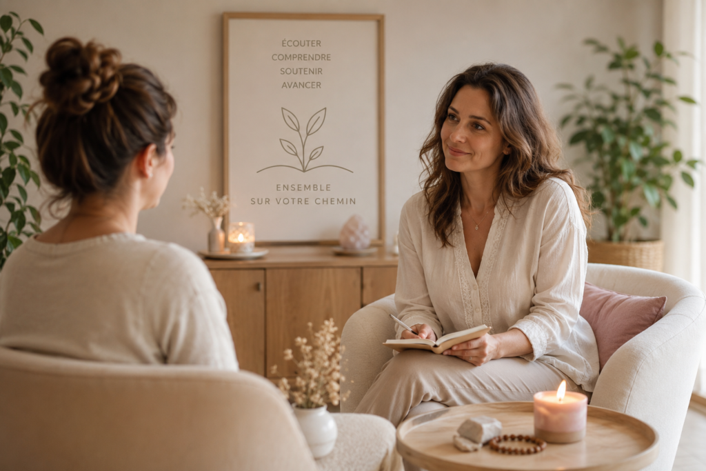 Echange bienveillant lors d'une séance de relation d'aide et d'accompagnement personnalisé