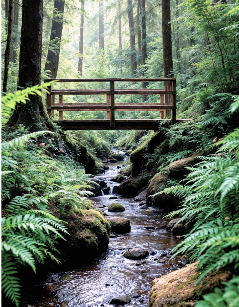Rivière circulant au milieu d'une forêt traversé par un pont en bois