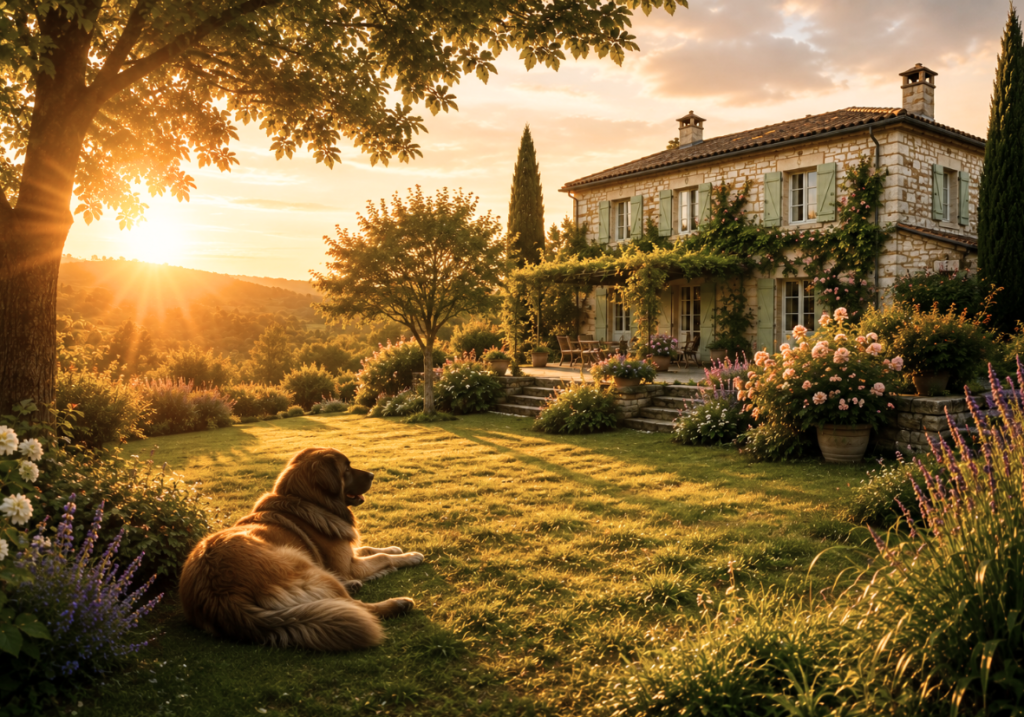 Maison et jardin harmonieux avec un Léonberg, illustrant l'équilibre entre l'habitat, la nature et les animaux