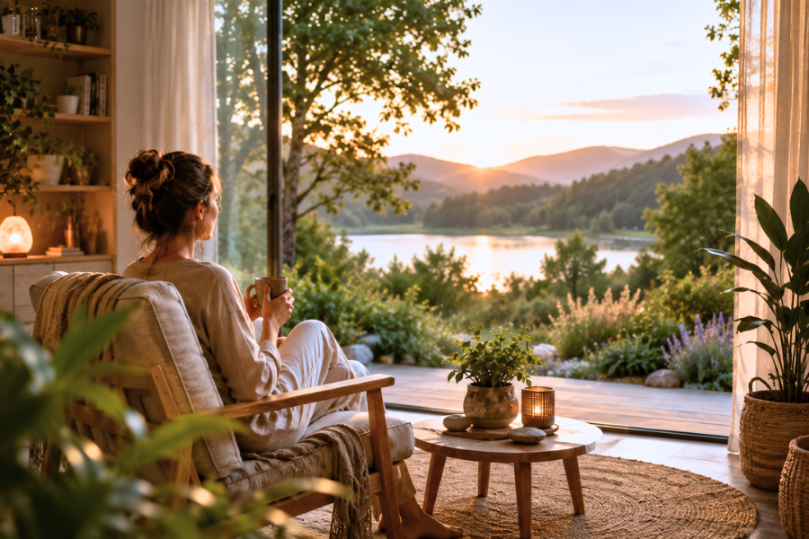 Femme assise dans un fauteuil dans une maison face à une baie vitrée donnant sur la nature
