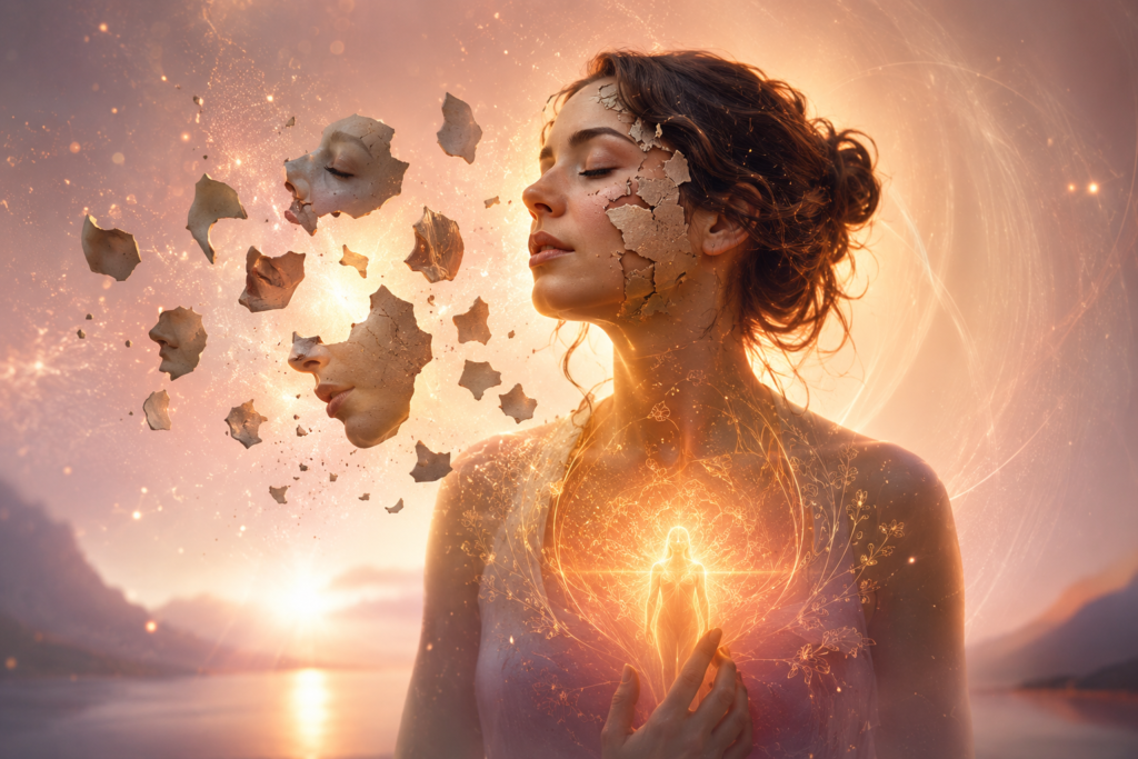 Femme se libérant symboliquement de ses masques pour retrouver son authenticité et l'amour de soi