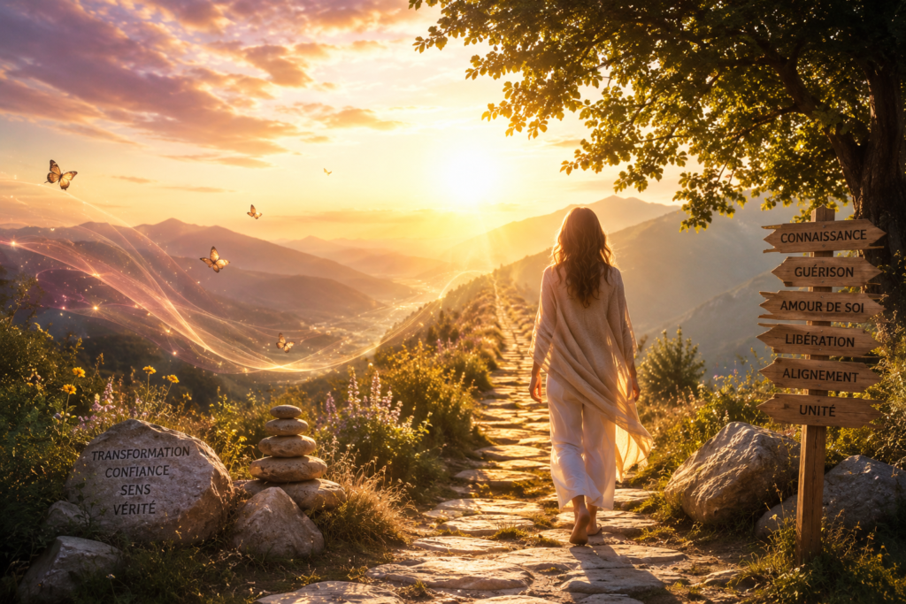 Femme avançant sur un chemin lumineux vers la connaissance de soi, la guérison, l’amour de soi et la transformation intérieure.