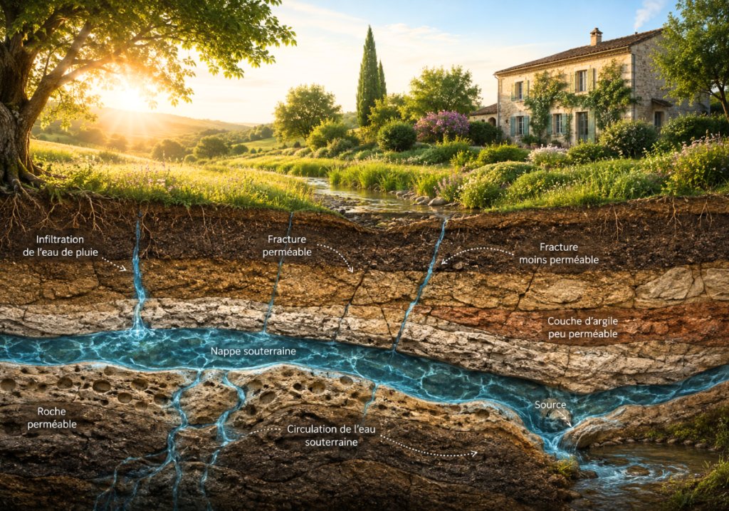 Coupe du sous-sol montrant les couches géologiques, les fractures, l'infiltration de l'eau et la circulation d'une nappe souterraine sous une habitation