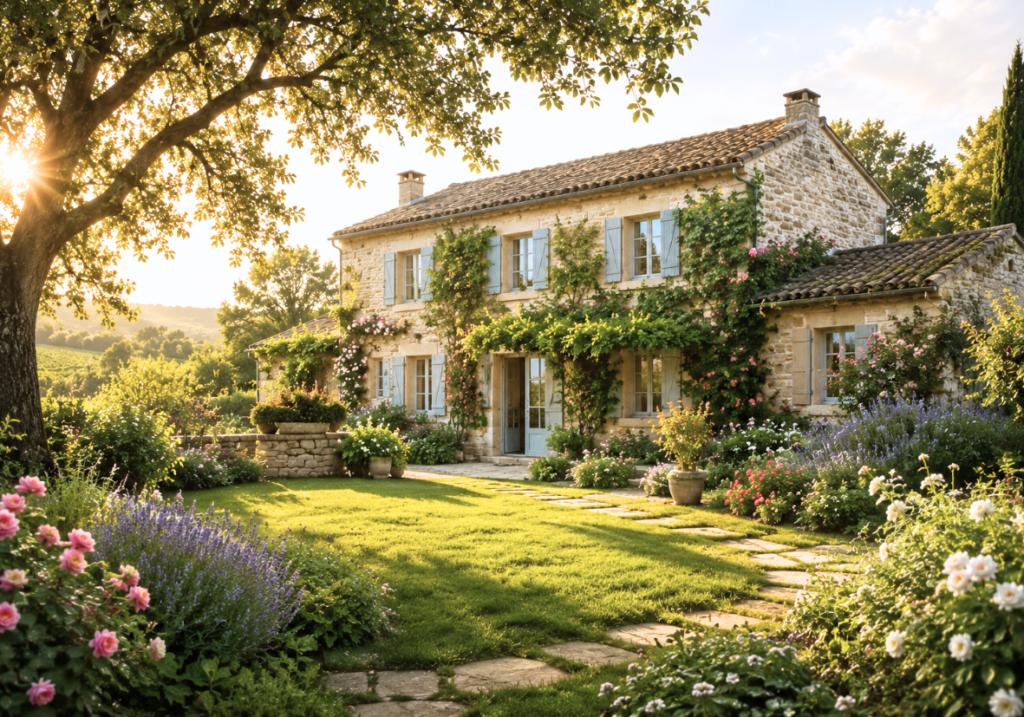 Maison en pierre entourée d'un jardin fleuri et de nature, dans un environnement paisible et harmonieux