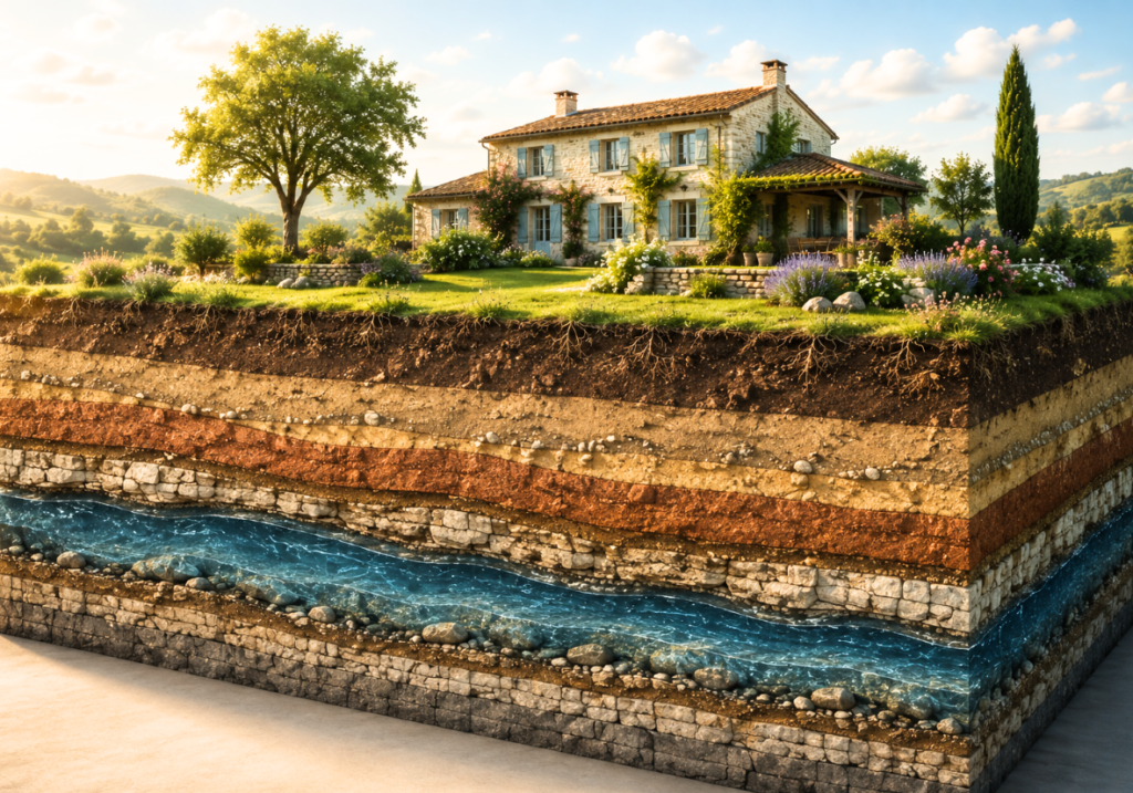 Maison et jardin au-dessus des différentes couches géologiques du sol et d'une nappe d'eau souterraine